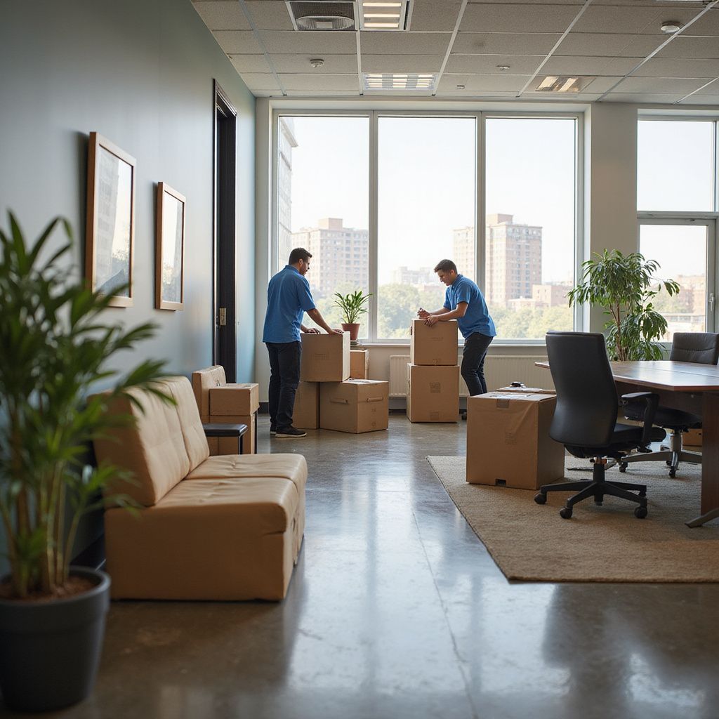 Two movers packing boxes in an office with a couch, table, and large windows.