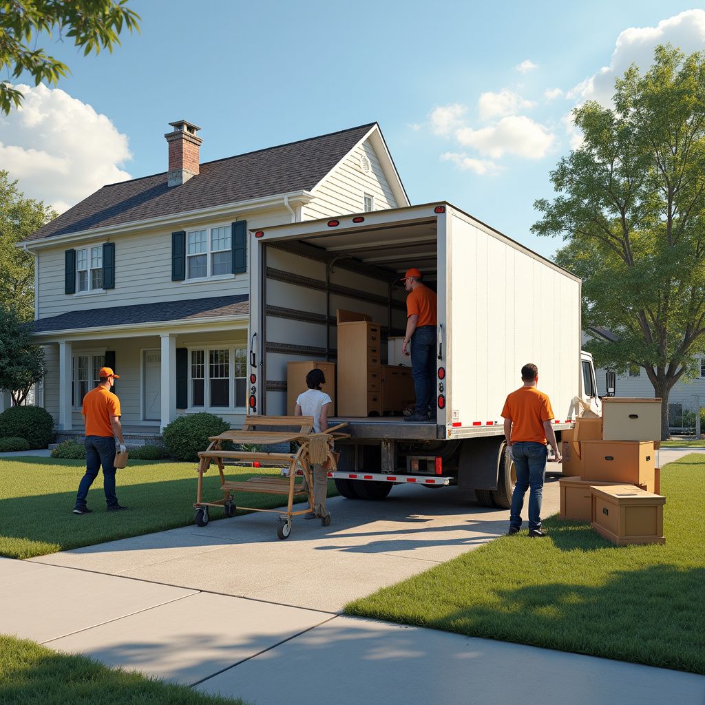 Moving crew loading a truck in front of a two-story house on a sunny day. Boxes and furniture are present.
