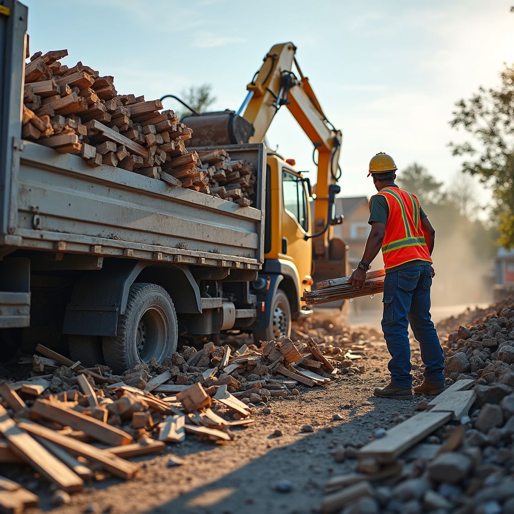 Construction worker loads debris onto a truck with an excavator. Sunshine, safety vest, and dusty road.