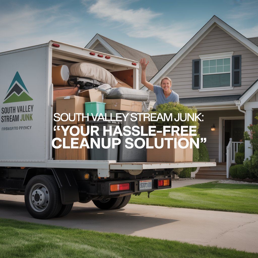 A woman waves from a junk removal truck parked in front of a house. Text reads,