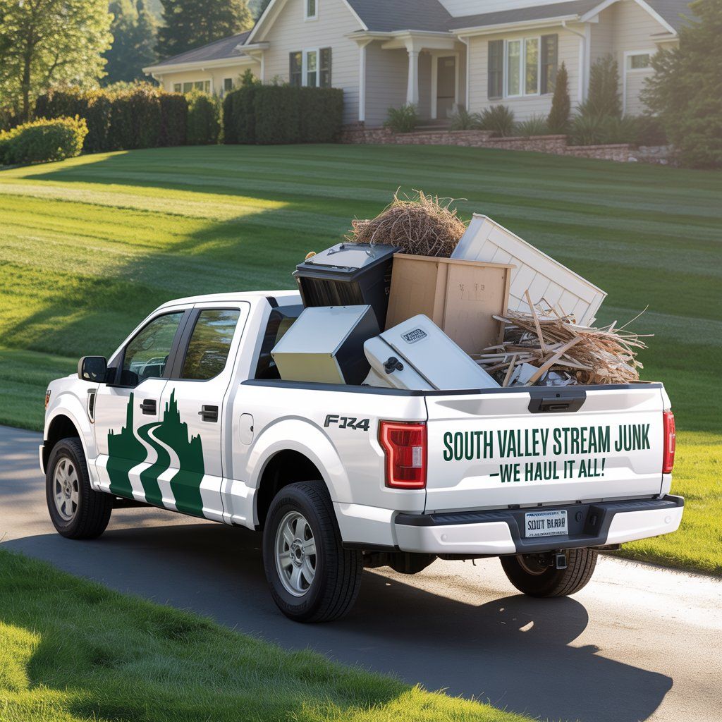 White pickup truck filled with junk on a residential street. Truck has business logo: