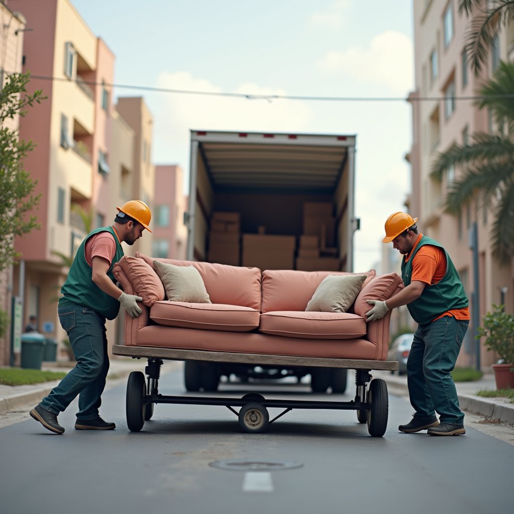 Two movers in hard hats carrying a couch on a dolly toward a moving truck on a city street.