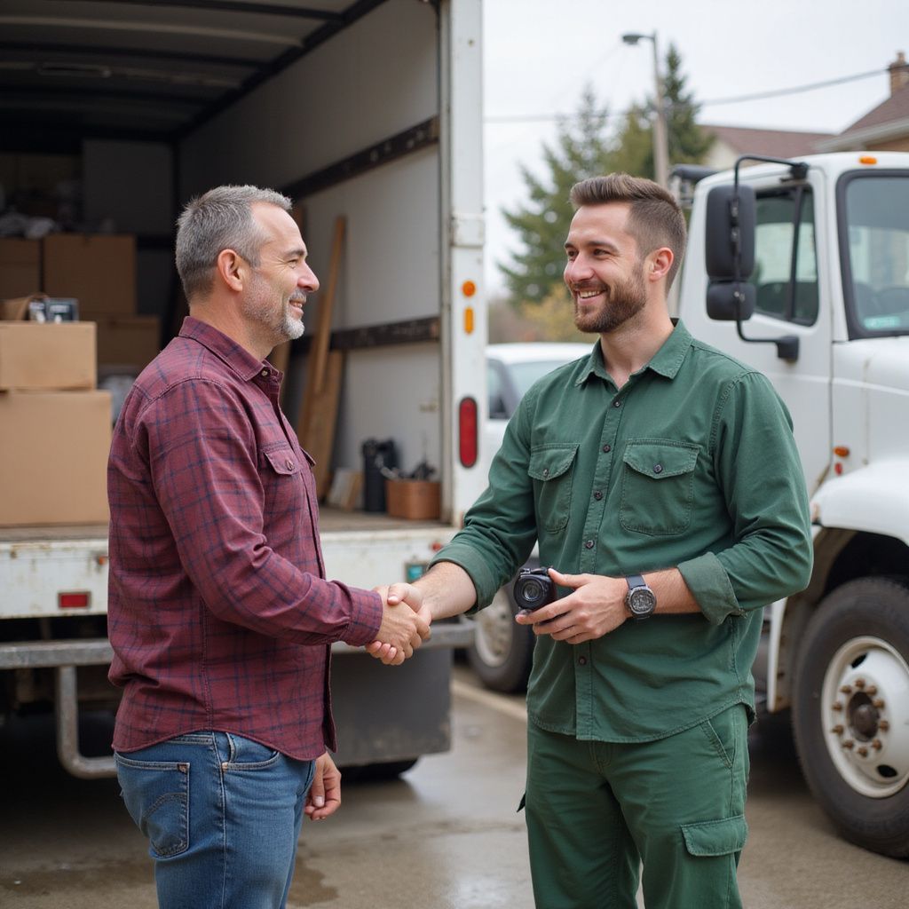 Two men shaking hands near a moving truck, boxes in the background. One man wears green overalls, the other a plaid shirt.