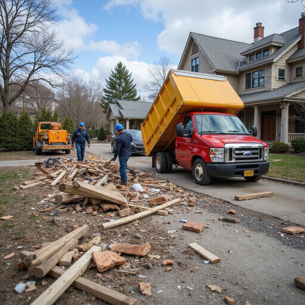 Red dump truck and two workers clearing debris in front of a house.
