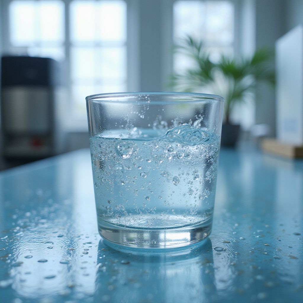 Glass of fizzy water on a blue surface, blurred background with windows and a plant.
