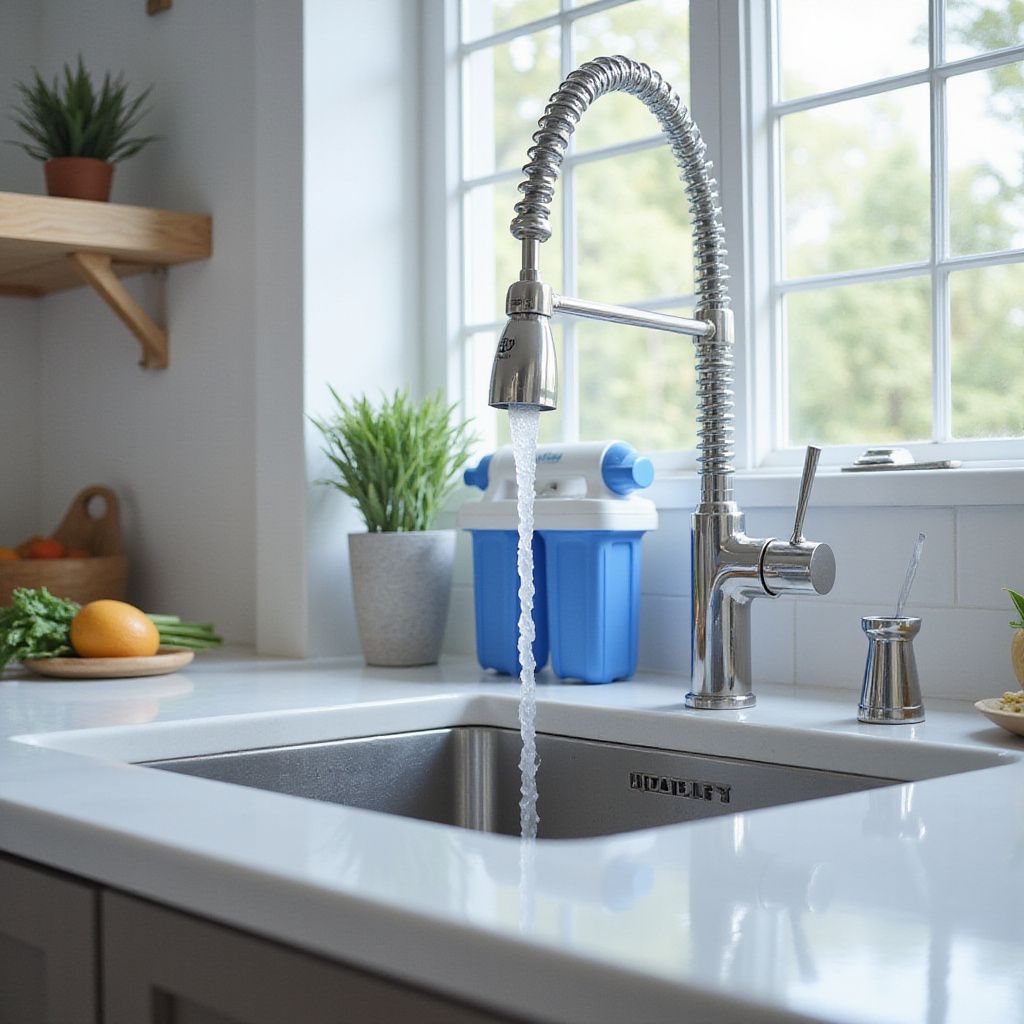 Kitchen sink with faucet pouring water, water filter, window, and countertop.