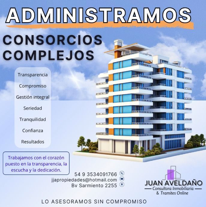 Anuncio de administración de propiedades, con edificio moderno e información de contacto.