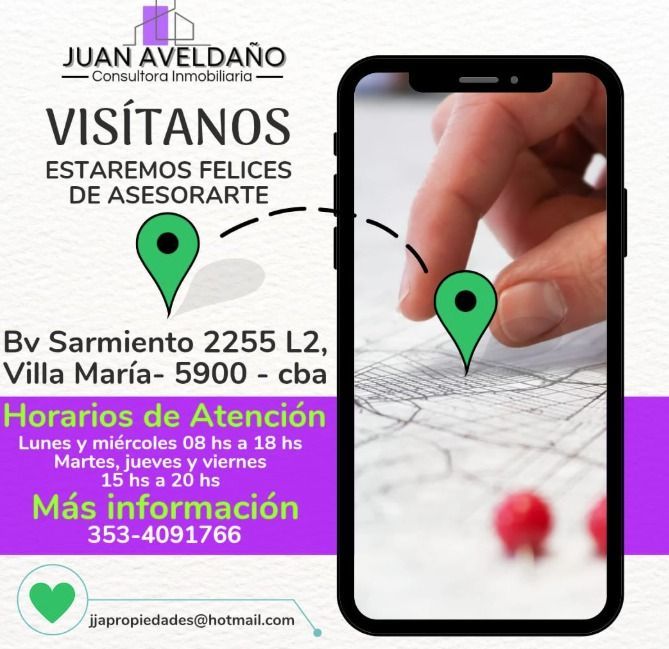 Anuncio inmobiliario con información de contacto: dirección, teléfono y horario. Marcadores de ubicación verdes.