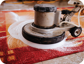 A machine is cleaning a red rug on the floor.