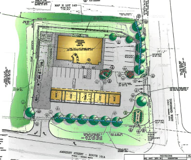 Architectural site plan with building, parking, and landscaping; includes road and street names.