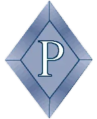 Diamond shape with a light blue gradient. A white letter 