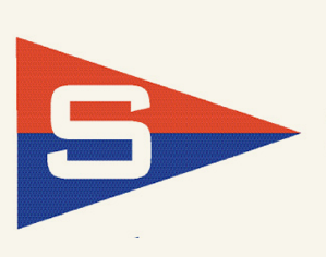 A triangular burgee flag divided horizontally into red and blue halves with a large white letter 