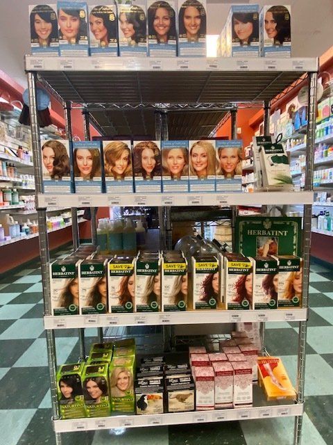 A display of hair dyes in a store