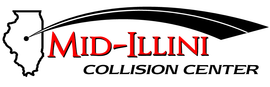 The logo for mid-illini collision center is black and red.