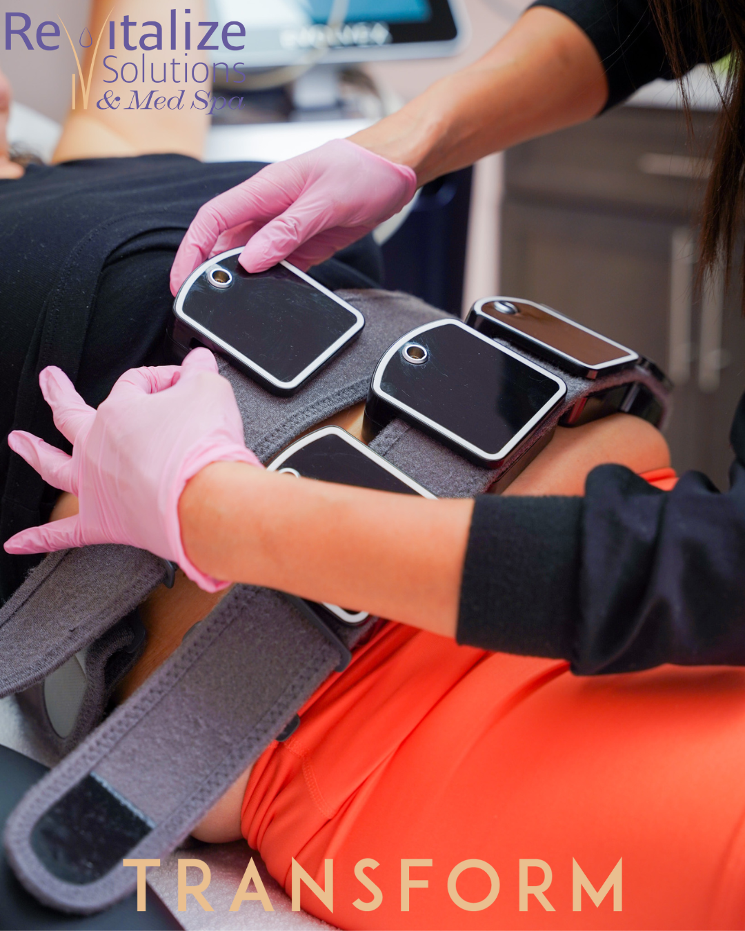 A woman wearing pink gloves is putting a device on another woman 's knee