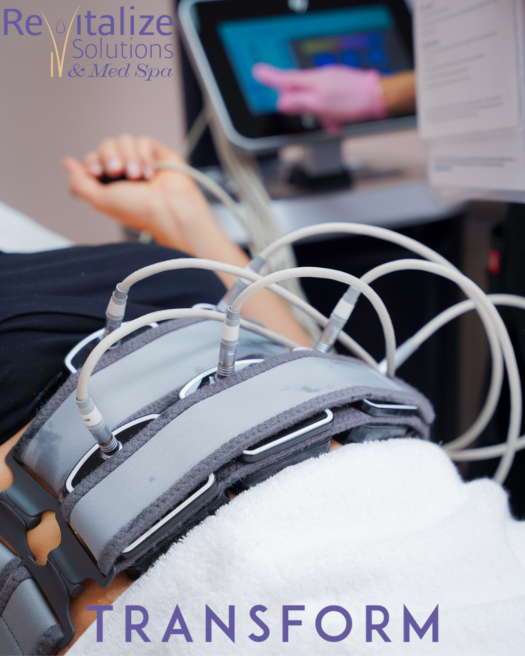 A woman is getting a treatment that says transform on the bottom