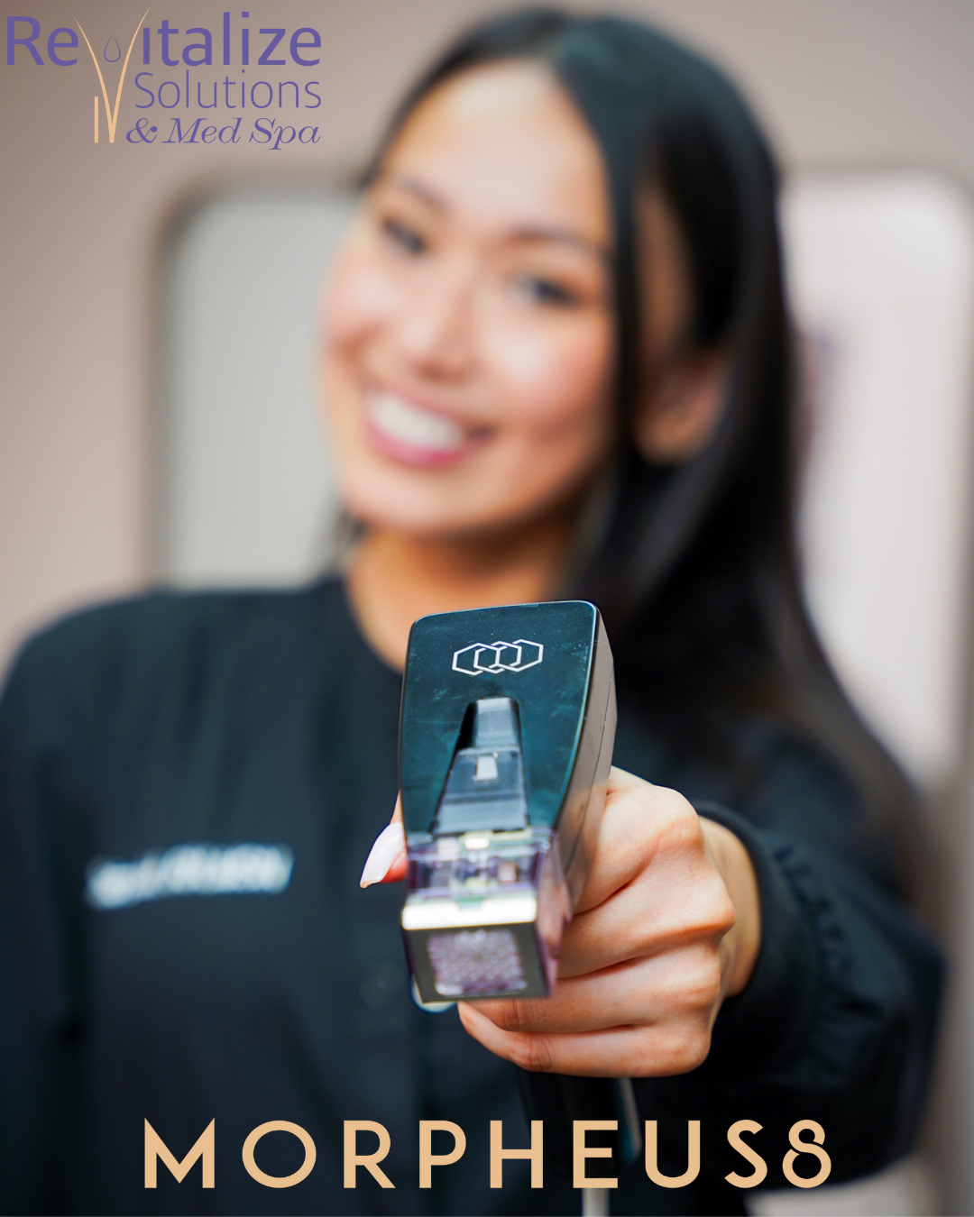 A woman is holding a morpheus8 device in her hand