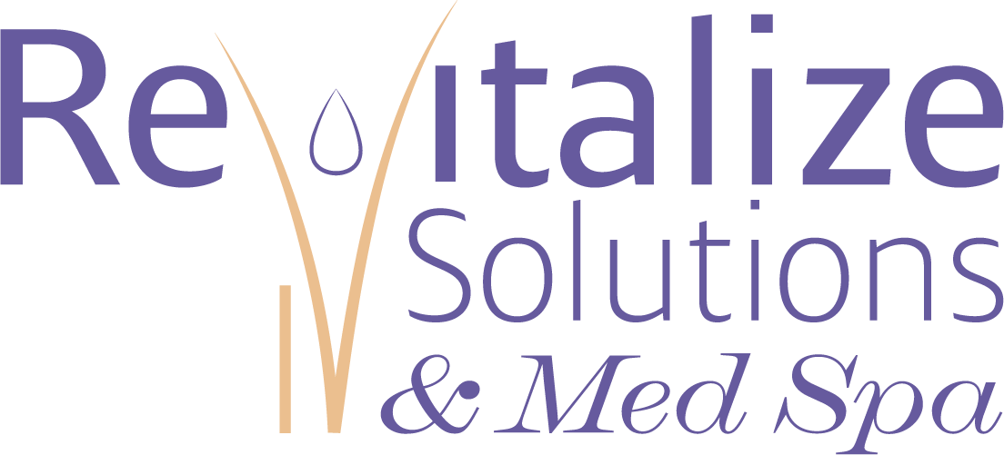 The logo for revitalize solutions and med spa is purple and yellow.