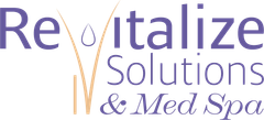 The logo for revitalize solutions and med spa is purple and yellow.