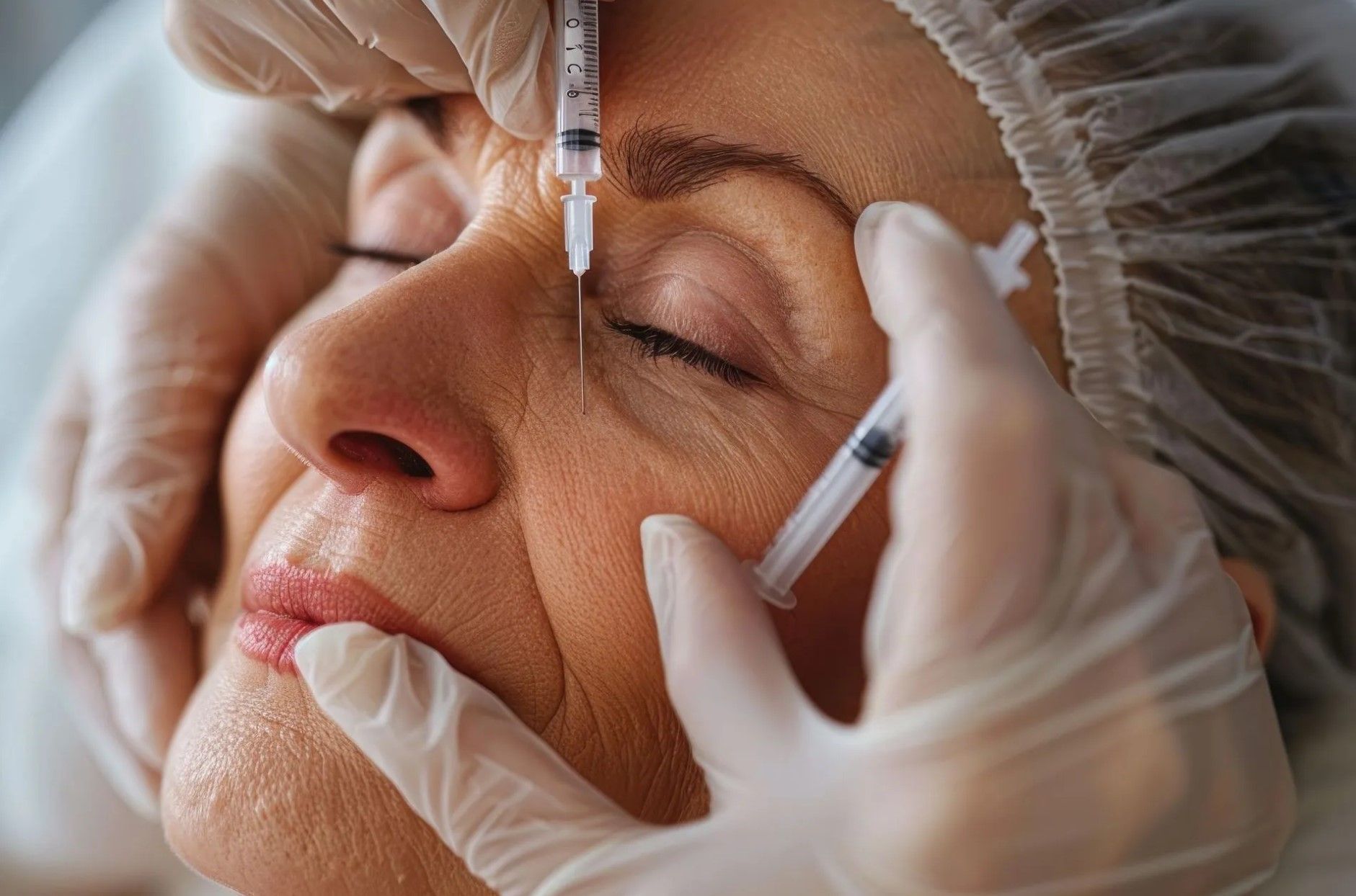 A woman is getting a botox injection in her forehead.