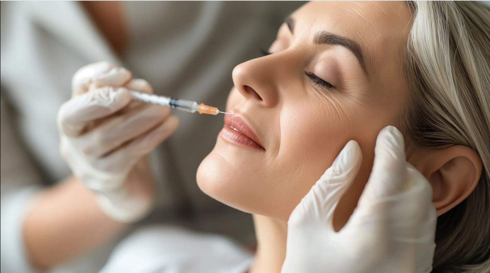 A woman is getting a botox injection in her lips.