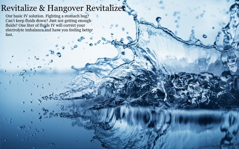 A splash of water with the words revitalize and hangover revitalize