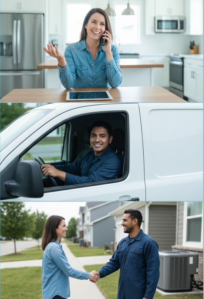 Woman on phone at table; worker in van; handshake with worker next to HVAC unit.