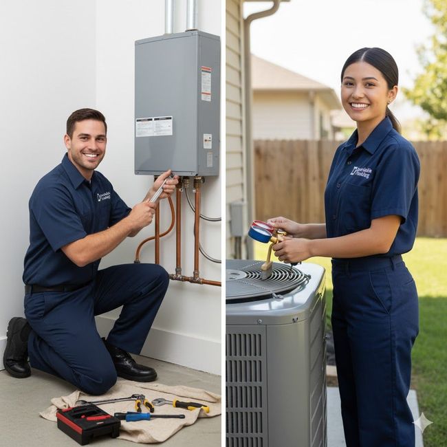 Two HVAC technicians, one inside by a heater, one outside by an AC unit.