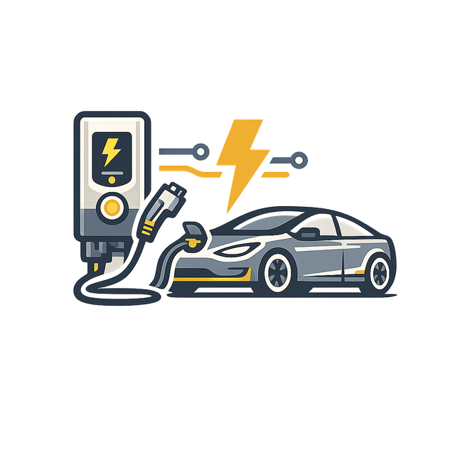 Electric car charging at a station with a plug and lightning bolt icon