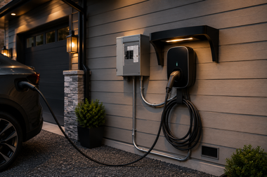 Electric vehicle charging station mounted on a house exterior beside a garage and parked car
