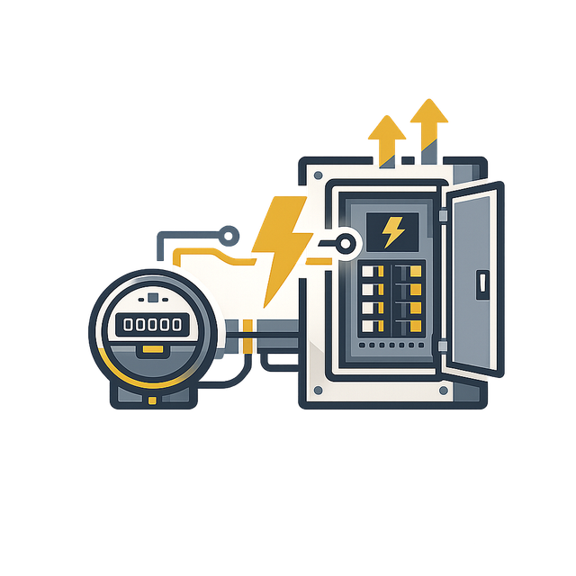 Electric meter connected to an open breaker panel with yellow lightning bolts indicating power flow