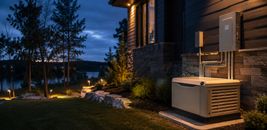 Outdoor HVAC unit beside a modern house at dusk, warmly lit with trees and a lawn in the background