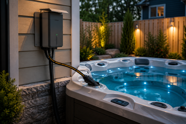 Hot tub beside a house at dusk, with glowing blue water and a nearby electrical control box.
