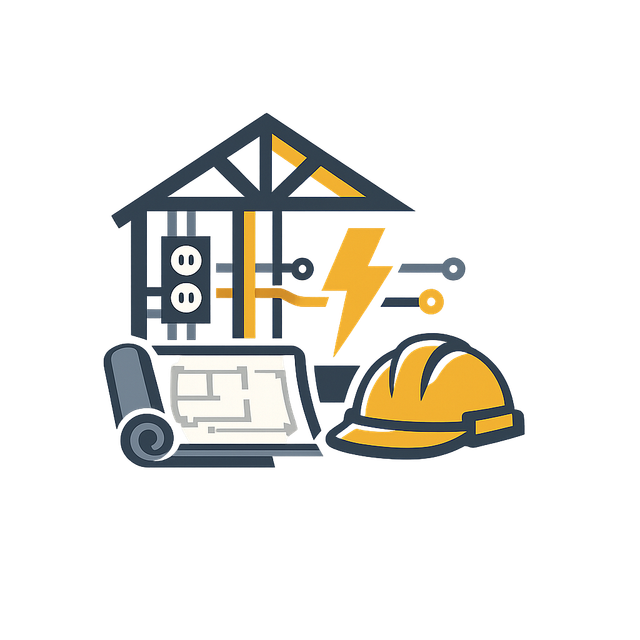 House electrical repair icon with blueprint, hard hat, and lightning bolt