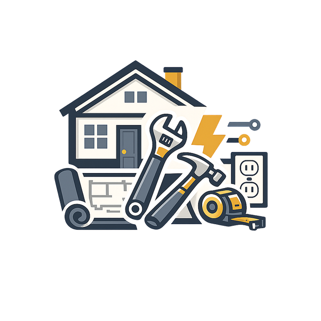 House repair tools with wrench, hammer, drill, outlet, lightning bolt, and floor roller icon