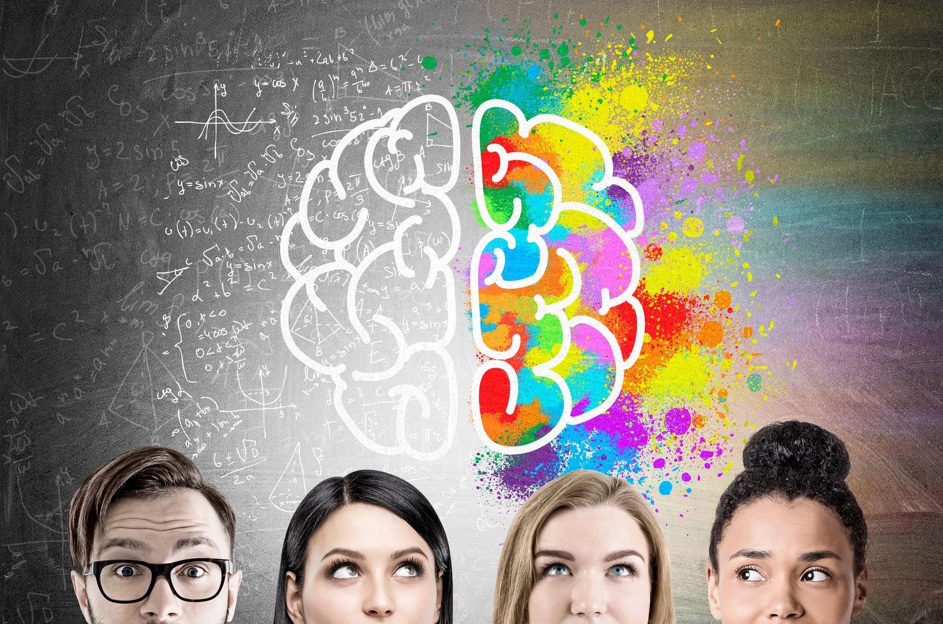 A group of people are looking up at a drawing of a brain.