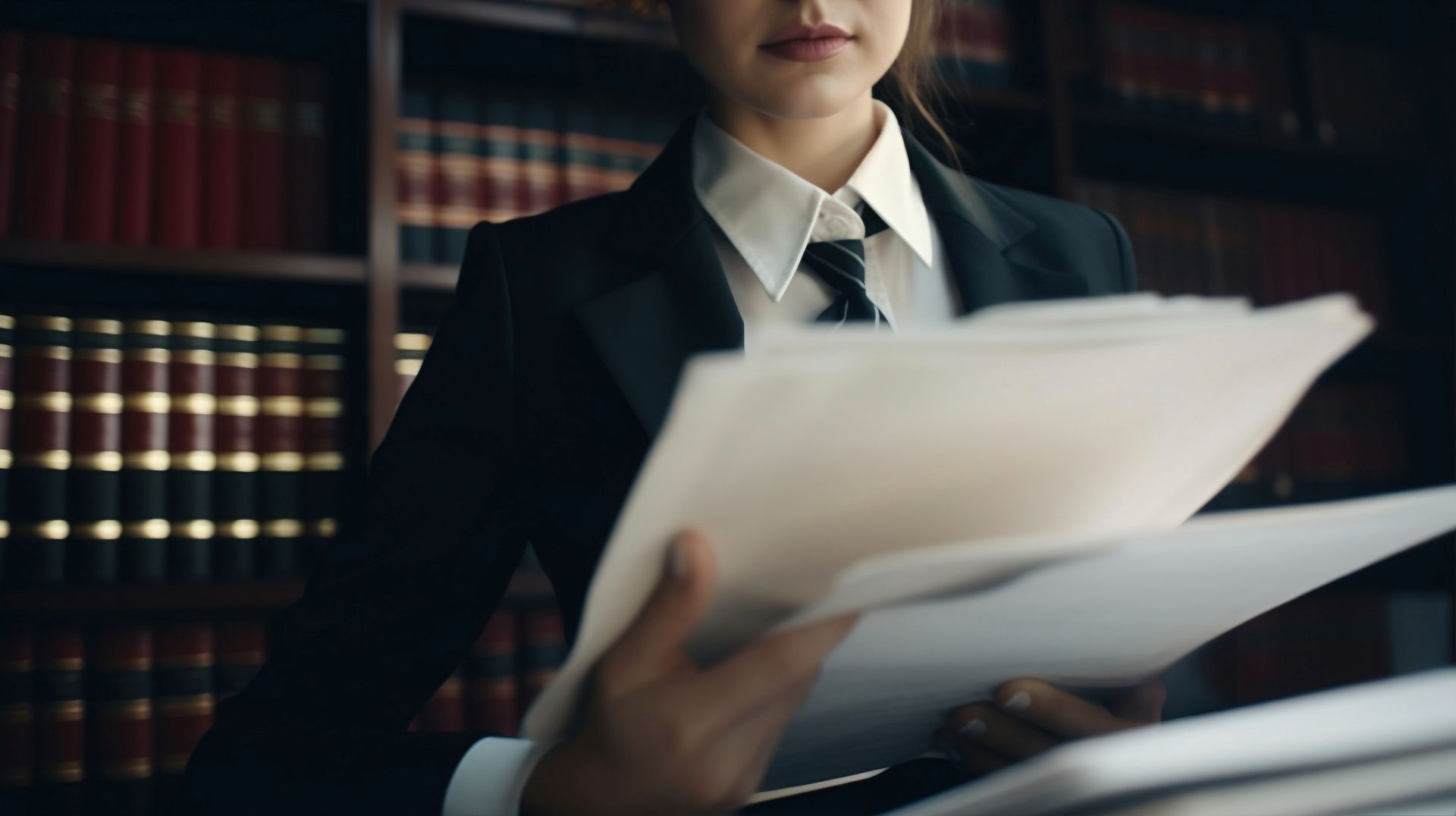 A woman in a suit and tie is holding a stack of papers at an employment tribunal