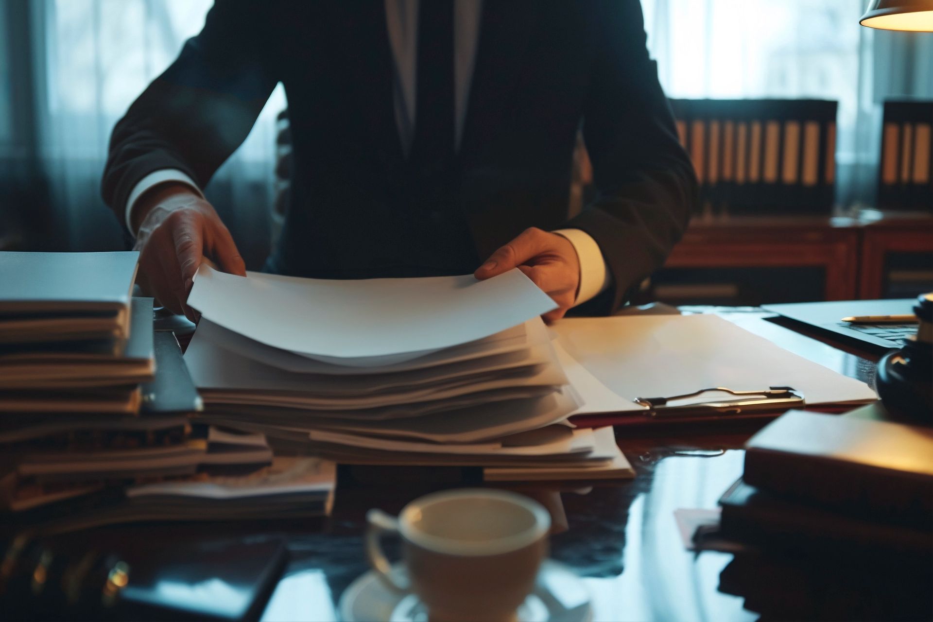A man in a suit and tie is sitting at a desk holding a stack of papers before an employment tribunal
