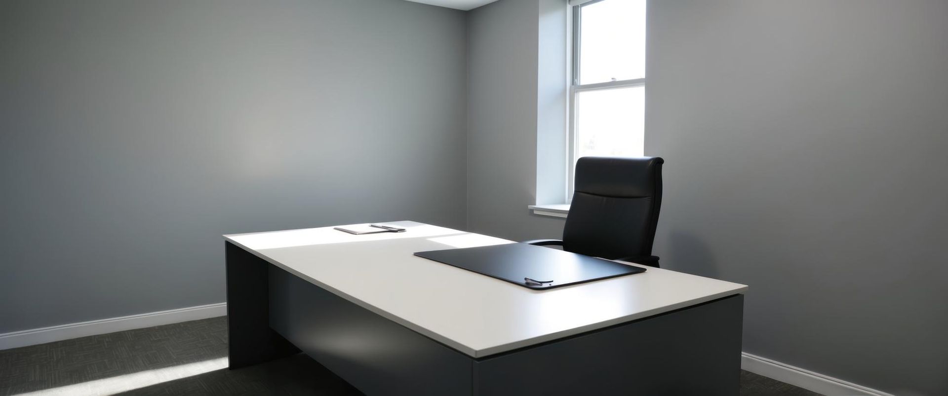 An empty office with a desk and chair in front of a window.