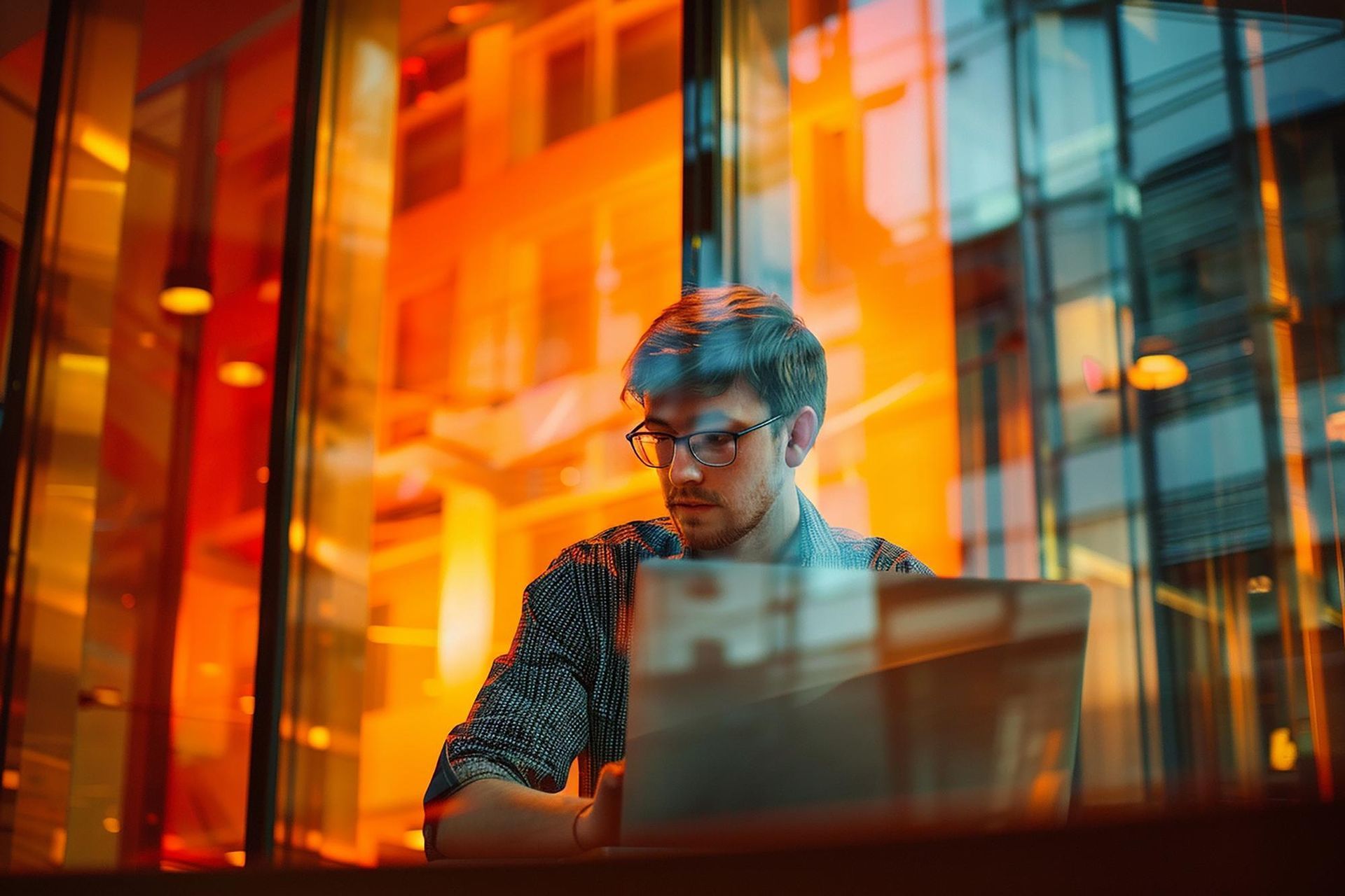 A man is sitting at a table using a laptop computer.