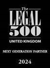 the legal 500 united kingdom next generation partner is a black and white logo .