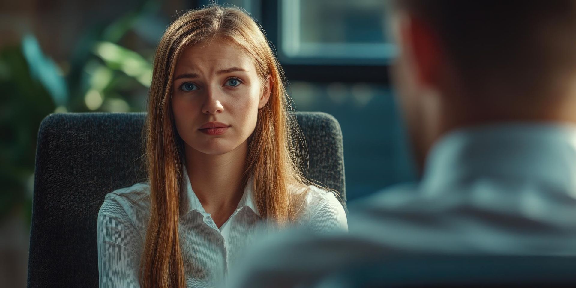 A woman is sitting in a chair talking to a man.