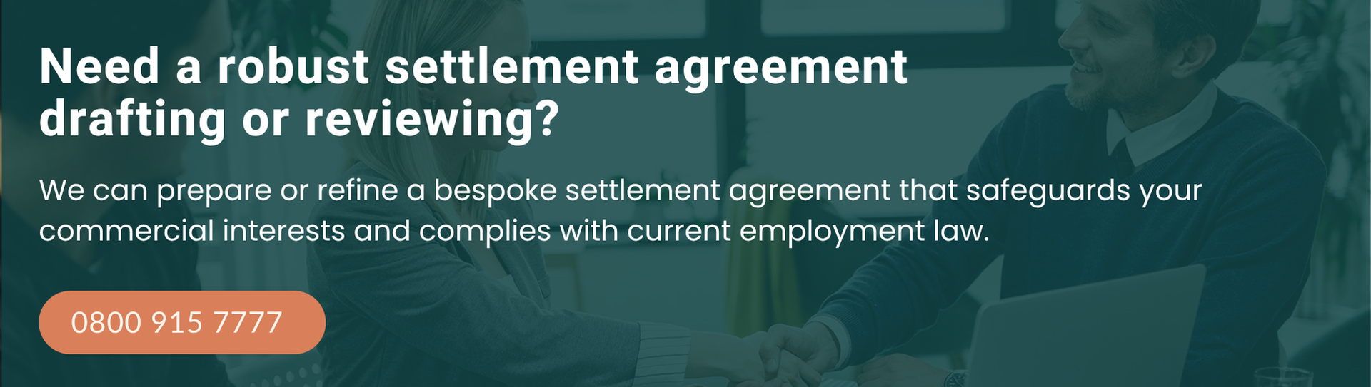 Text overlay on a teal background advertising settlement agreement services, with a blurred photo of two people.