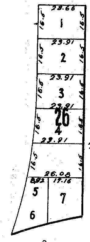 Diagram of land plots, numbered 1-7, with dimensions and measurements in a vertical layout.