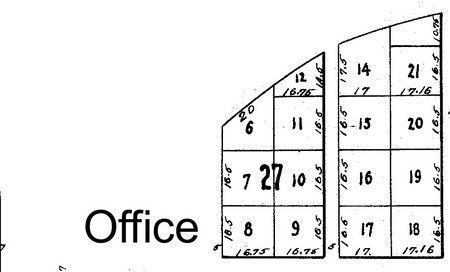 Floor plan of an office, with numbered rectangular and trapezoidal rooms, and labeled 