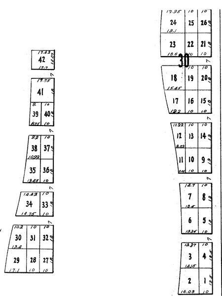 A map of numbered rectangular blocks, possibly for a city or town layout.