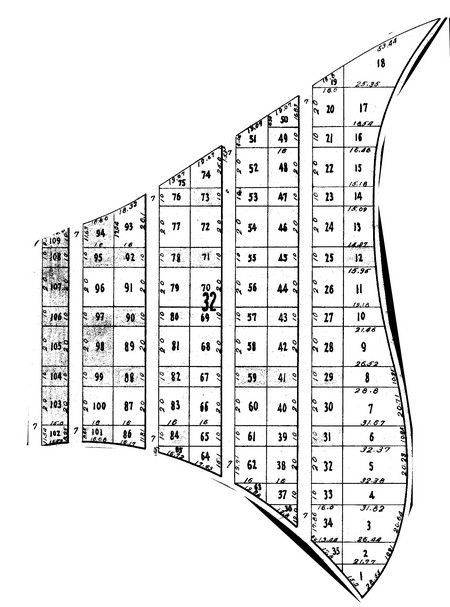 Diagram of a complex shape divided into numbered rectangular and triangular sections.