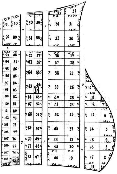Diagram of numbered rectangular sections, arranged in a layout resembling a ship's compartments.