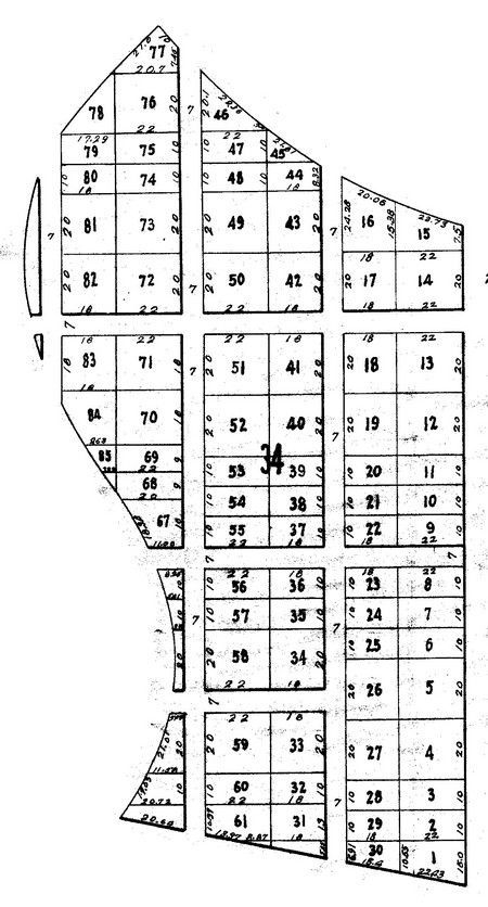 Map of a city or town divided into numbered rectangular and trapezoidal plots, streets visible.