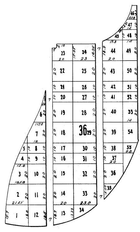 Diagram with numbered rectangular and curved sections, possibly a building plan.